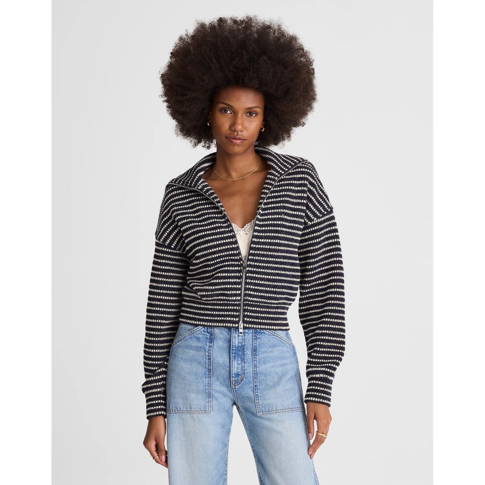 $128 NWT Madewell Zip Up Striped Cropped Jacket Balloon Sleeves Turtleneck/XS